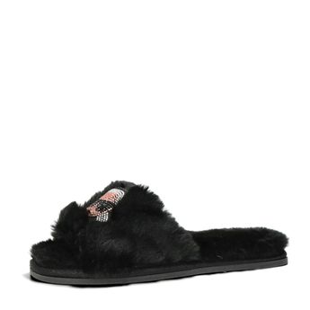 Karl Lagerfeld flip-flops elegant pentru femei cu blană - negru